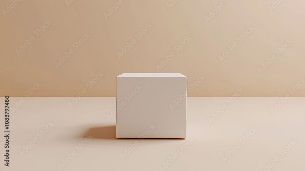 Poster a simple white cube sits on a table against a plain background. this 3d design is perfect for showca