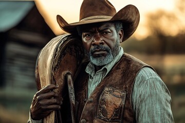 Fototapeta premium Cowboy with stern look holding saddle at dusk