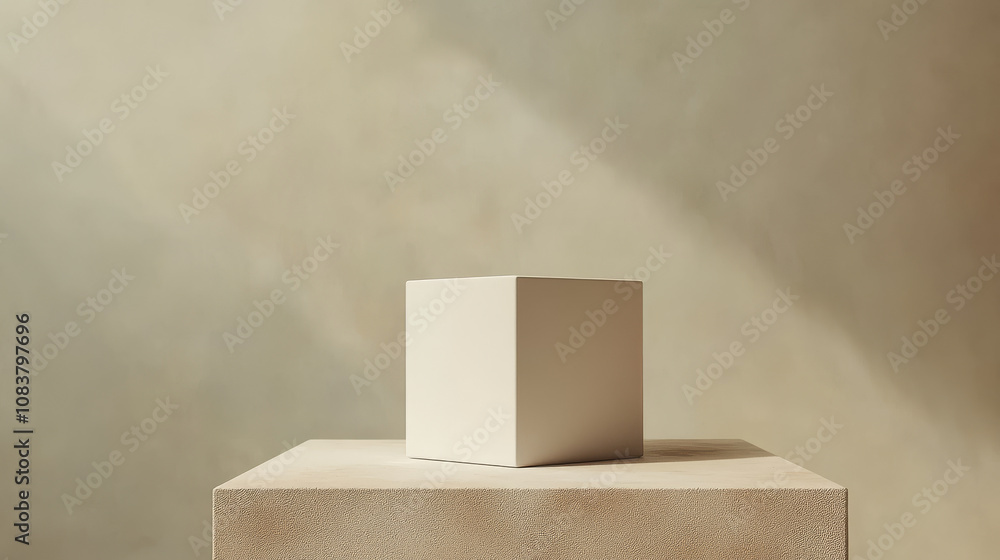 Poster a simple white cube sits on a table against a plain background. this 3d design is perfect for showca