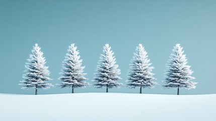 Obraz premium A serene winter scene featuring five snow-covered evergreen trees against a soft blue background.
