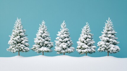 Fototapeta premium A serene winter scene featuring five snow-covered evergreen trees against a soft blue background.