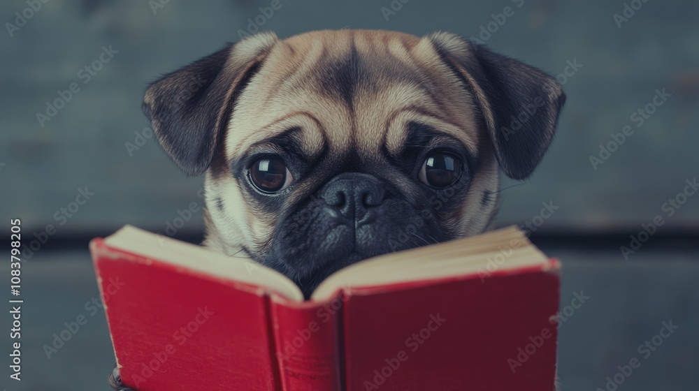 Poster curious pug dog reading a book with intrigued expression in a cozy indoor setting with soft lighting