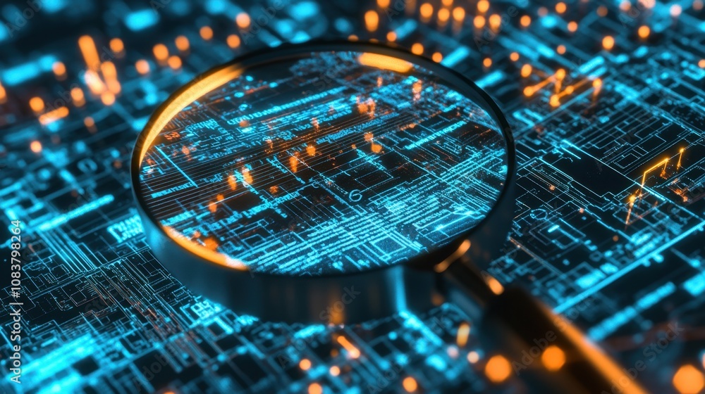 Poster Magnifying Glass Over Circuit Board with Digital Patterns, Technology Concept of Data Analysis and High-Tech Innovations for Modern Computing and Research