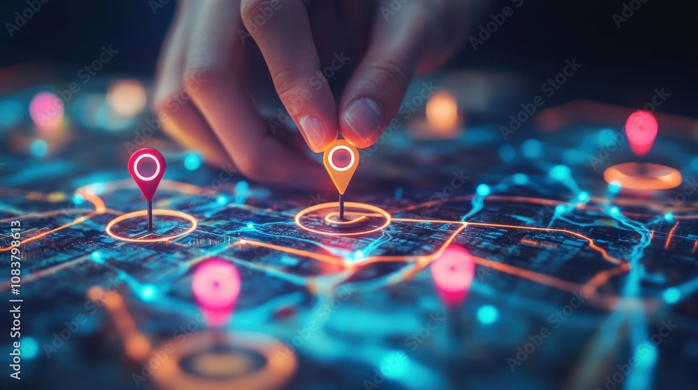 Poster hand placing pin on digital map with gps markers, highlighting location and navigation for modern tr