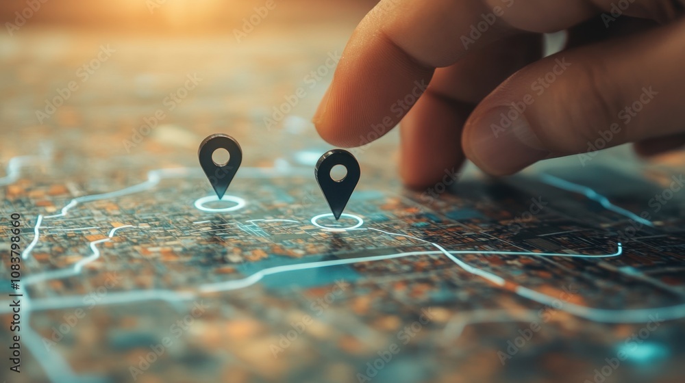 Poster close-up of a hand touching a digital map with location pins indicating waypoints or destinations in