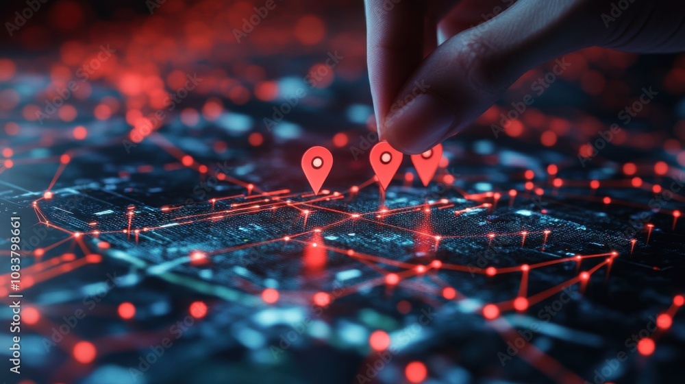 Poster hand placing red location pins on a digital map, highlighting navigation and geolocation technology 