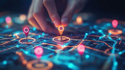 Fototapeta premium Hand Placing Pin on Digital Map with GPS Markers, Highlighting Location and Navigation for Modern Travel and Exploration Purposes