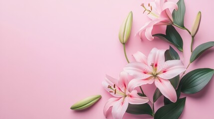 Fototapeta premium Pink lilies on a matching background with space for text. 