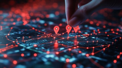Naklejka premium Hand Placing Red Location Pins on a Digital Map, Highlighting Navigation and Geolocation Technology in an Urban Environment with a Futuristic Design