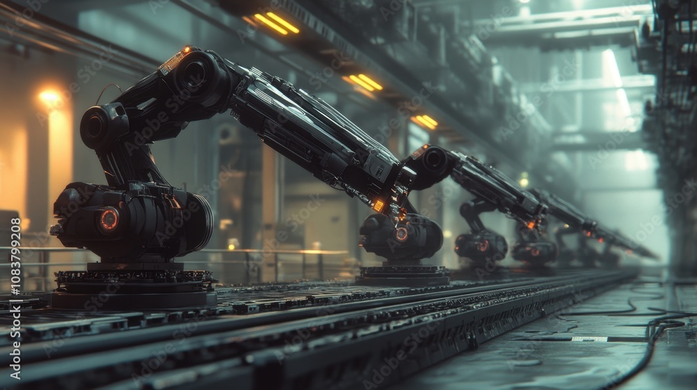 Poster advanced industrial robots in a modern factory setting with futuristic design, high-tech machinery a