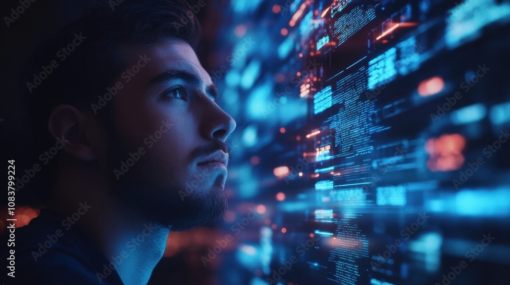 Poster thoughtful young man analyzing digital data in a futuristic environment with engaging light effects 