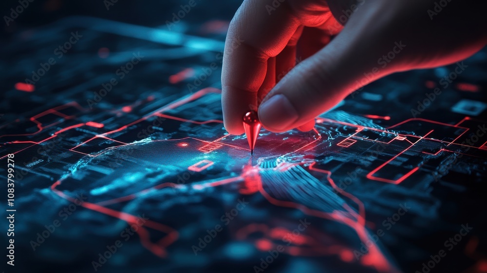 Poster detailed close-up of a human hand placing a red pin on a futuristic digital map with neon lights and