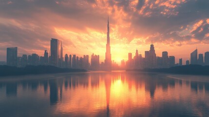 Fototapeta premium Dubai Skyline at Sunset with the Burj Khalifa