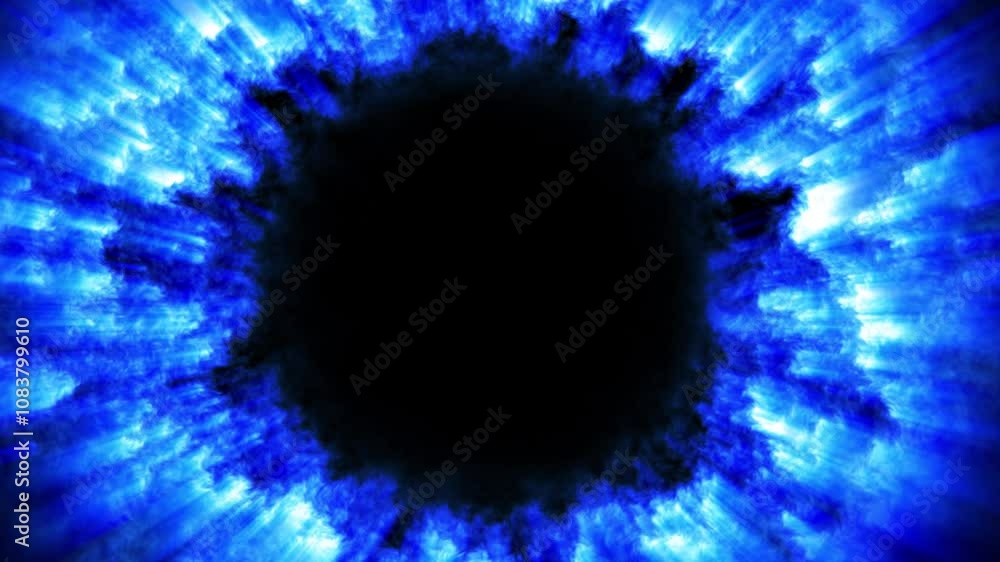 Poster the mystical blue eye symbolizes a deep black void encircled by patterns of ethereal light, creating