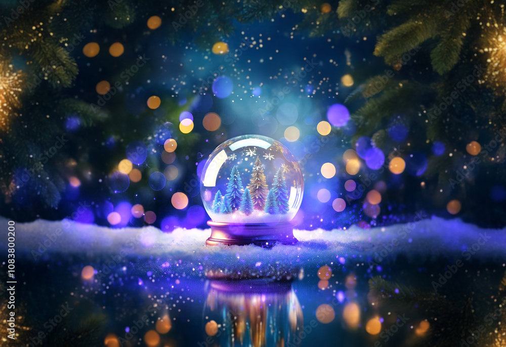 Aufkleber a snow globe sits on a bed of snow with a snowy forest inside against a dark blue background with sp
