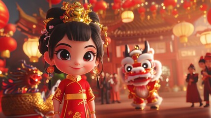 Fototapeta premium 3D character in a red dress with gold accents, celebrating Chinese New Year with friends and family, with lanterns and dragon decorations in the background.