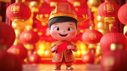 Fototapeta premium 3D character wearing traditional Chinese attire, offering a red envelope in front of a display of festive lanterns during Chinese New Year.