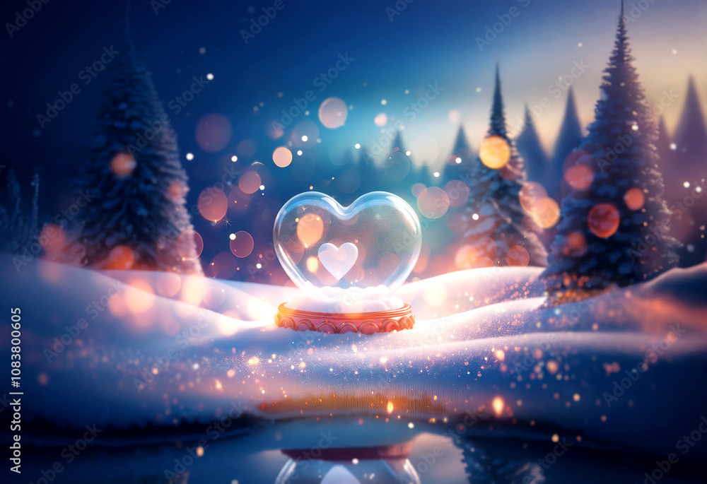 Poster a heart-shaped snow globe sits in a snowy forest with a small lake in the foreground and trees in th