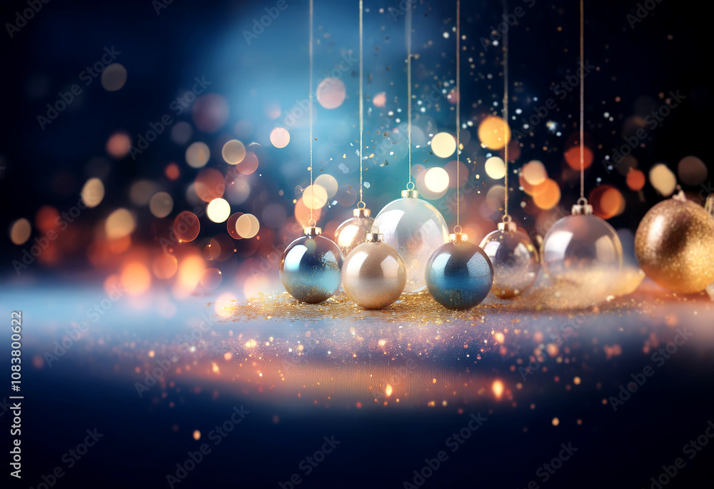 Poster Shiny, round ornaments hang from strings with glittering lights and sparkly dust in the background.