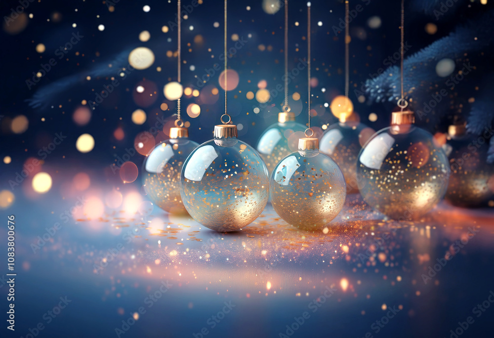 Poster a group of glass christmas ornaments with gold glitter inside hangs from strings on a dark blue back