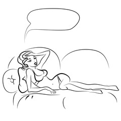 Beautiful woman in bikini laying on bed, holding her hand on head, tired or boring emotion, with bubble for speech text. Pin up girl in lying pose. Vector sketch comics illustration. 