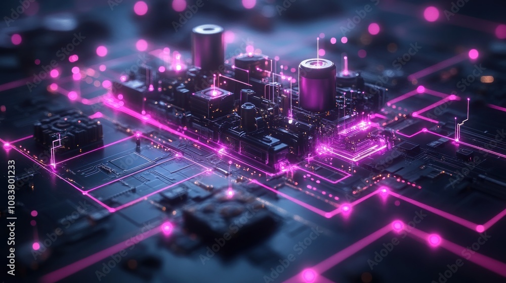 Poster futuristic circuit board with glowing connections and structures.