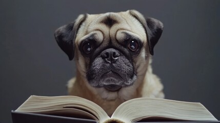 Adorable pug dog curiously gazing at an open book, showcasing an expressive face and captivating eyes, perfect for pet lovers and literature enthusiasts alike