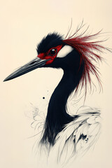 Obraz premium Elegant black and red crane portrait showcasing intricate details and rich colors