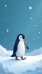 Fototapeta premium Minimalist Winter Wallpaper with a Penguin in a Snowy Snowstorm Scene