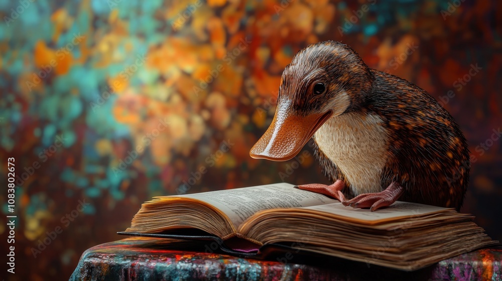 Poster a whimsical creature resembling a duck perched atop an open book, surrounded by a colorful autumn ba