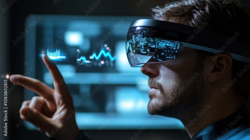 Poster Young man using futuristic augmented reality glasses to interact with digital data and graphs in a modern technology environment