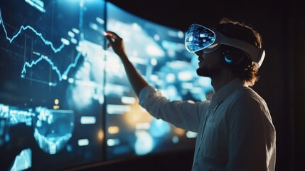 Young Man Using Virtual Reality Headset Interacting with Digital Data Displays in a Dark Room, Engaging with Futuristic Technology and Analytics Globally