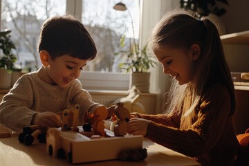 Young Children Play Together With Wooden Toys in a Cozy, Sunlit Room During Afternoon Hours