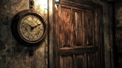 Antique Clock, Wooden Door, Speakeasy Entrance, Mysterious Atmosphere, Vintage Setting