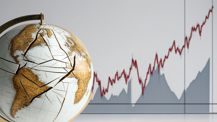 globe with cracked surface symbolizes global recession risks, surrounded by financial graphs showing downward trends. This captures economic uncertainty and challenges