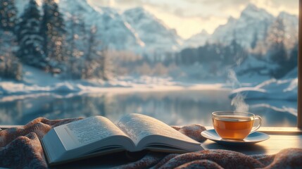 Open book and tea next to winter window with snowy view