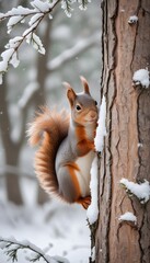 Fototapeta premium Charming Winter Wildlife: Squirrel Behind Snowy Tree in Cozy Snowfall Scene