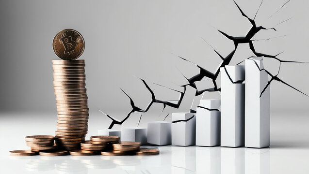stack of coins beside cracked financial graph, symbolizing economic risk and currency value fluctuations. image captures tension between wealth and instability - Powered by Adobe