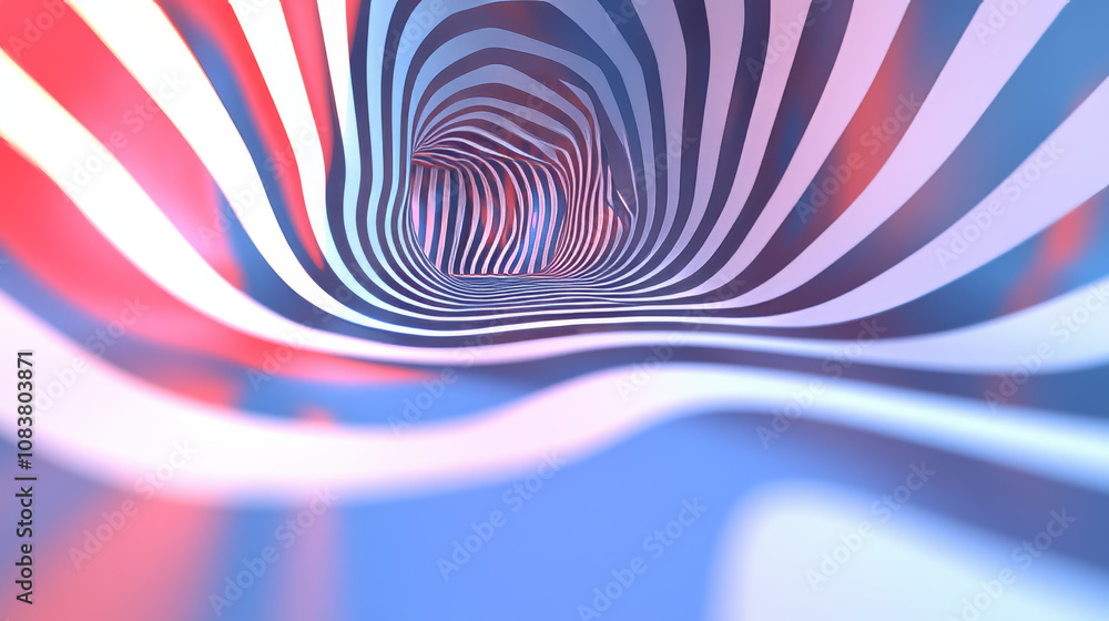 Poster a 3d image with wavy lines going from left to right. the background has stripes of bright blue and r