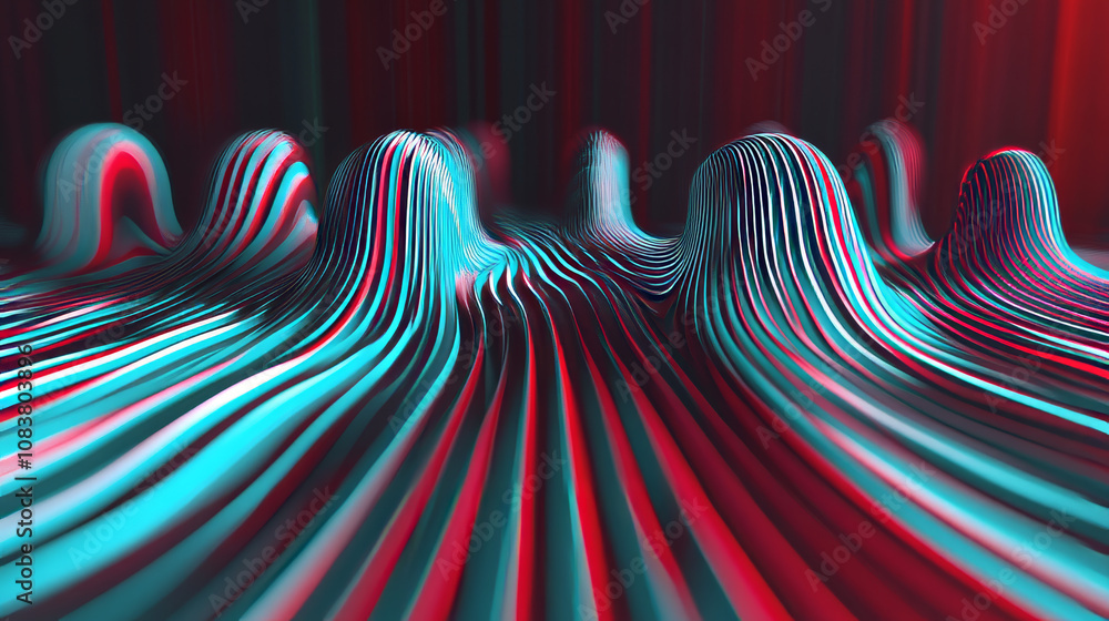 Poster a 3d image with wavy lines going from left to right. the background has stripes of bright blue and r
