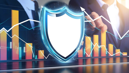 Abstract economic shield icon merging with digital financial charts, showcasing technology role in economic risk protection and growth trends.