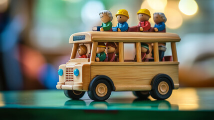 A toy wooden bus with passengers sits on a green table. It's a fun way to learn about transportation.