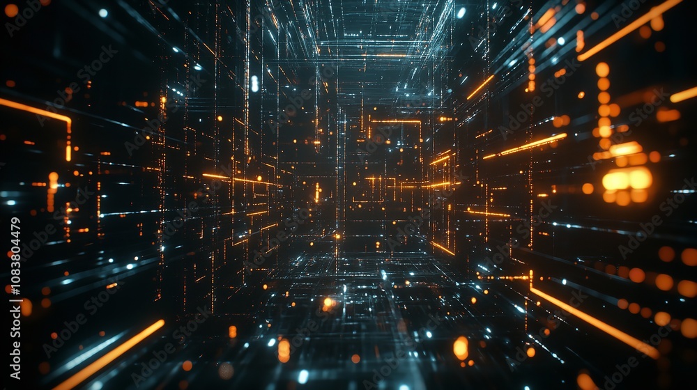 Poster _digital_cyberspace_with_particles_and_digital_data_network_c