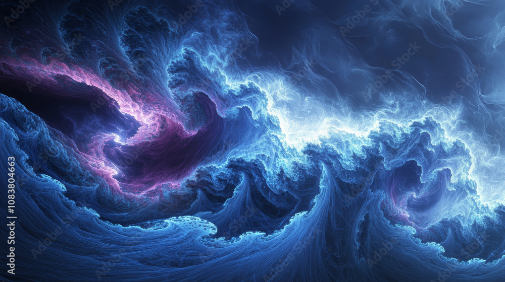 Poster a blue wave pattern with a 3d effect and a touch of dark red, making a beautiful abstract background