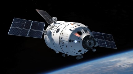 Fototapeta premium Cargo spacecraft slowly approaching a large space station, symbolizing the advancement and collaboration in space exploration.