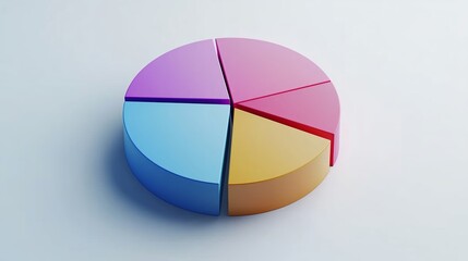 Fototapeta premium A 3D isometric-style pie chart with colorful segments, displayed on a clean white background. Each section is represented in a unique color, including shades of yellow, red, blue, and purple.