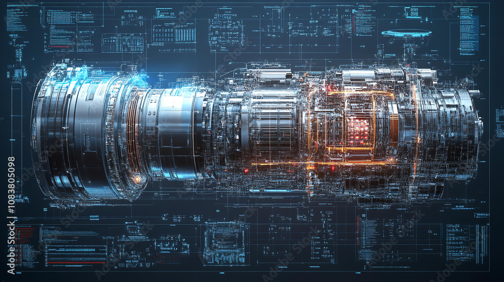 Poster futuristic mechanical engine core 3d model design with intricate details and glowing elements, showc