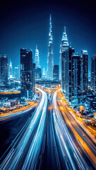 Cars on the highway with blue and yellow light trails