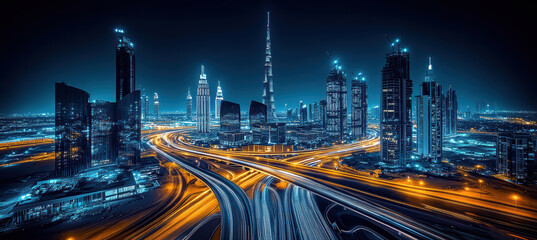 Obraz premium Night view of skyscrapers and traffic movement