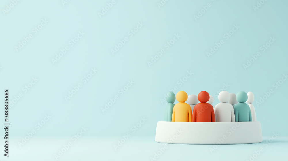 Poster 3D illustration Diverse team of colorful figures representing collaboration and teamwork figures are arranged in circular formation against light blue background, symbolizing unity